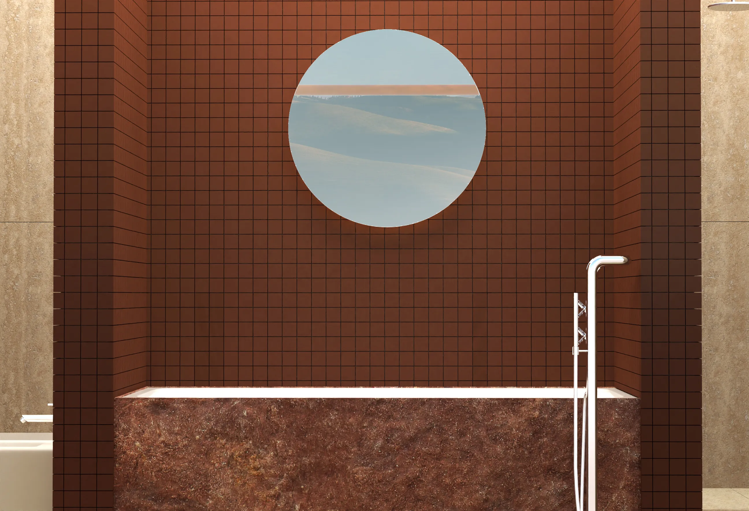 Bathtub and circular mirror view